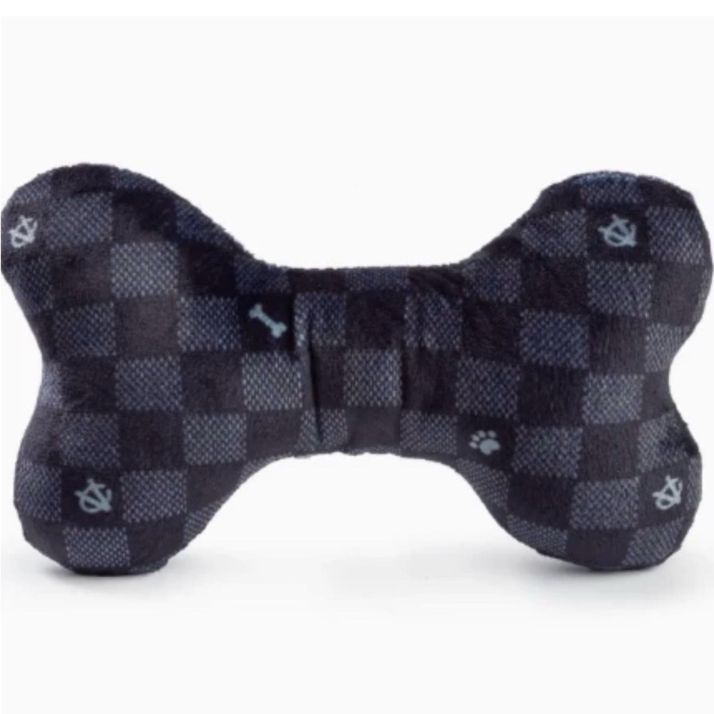 Small BLACK CHECKER CHEWY VUITON BONE SQUEAKER DOG TOY NWT - Picture 3 of 5
